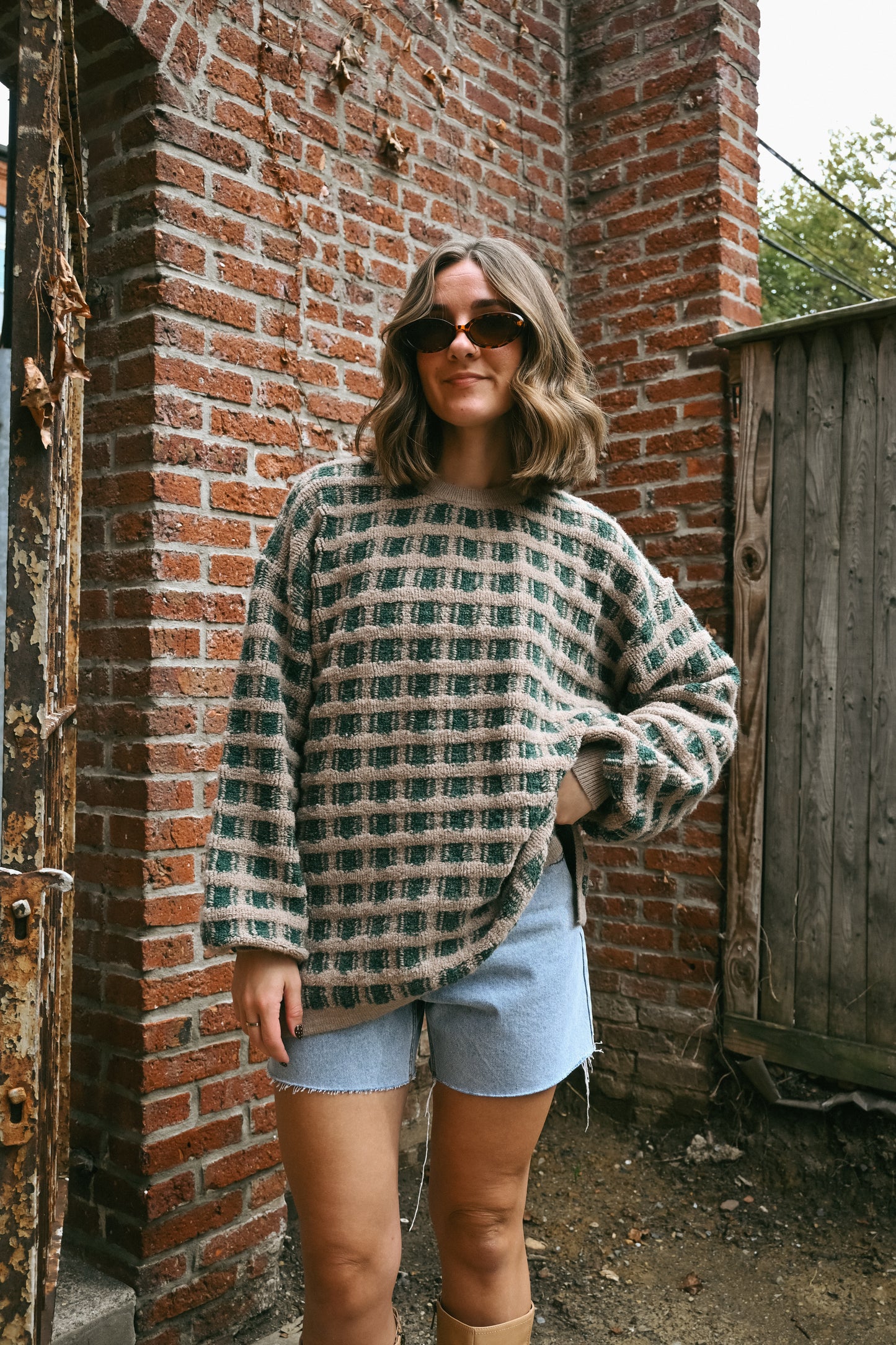 'Belle' Checkered Sweater in Olive