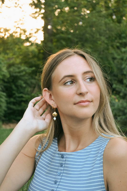 18K Gold Seashell Pearl Drop Earrings