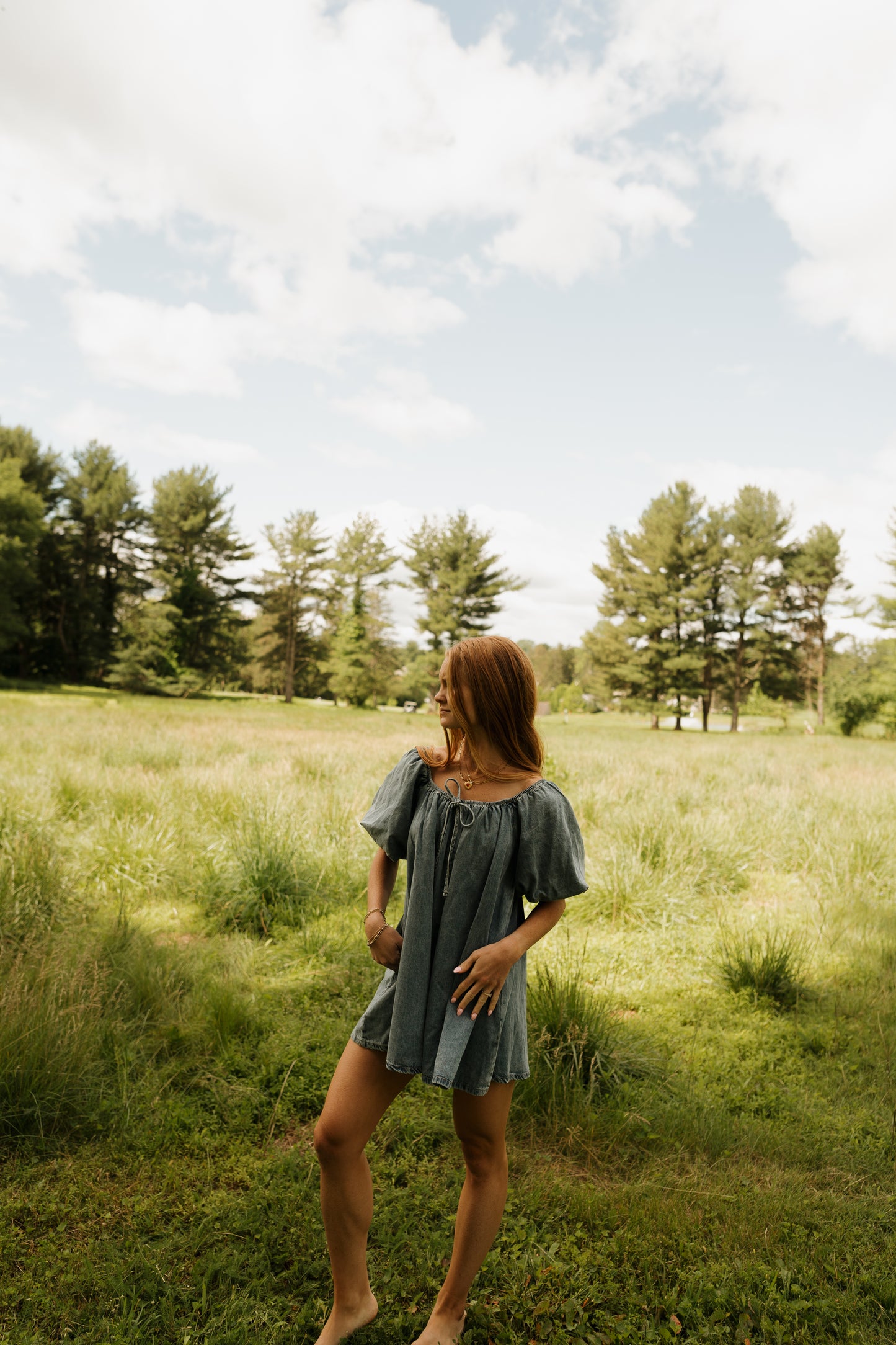'Tilly' Puff Sleeve Romper in Denim