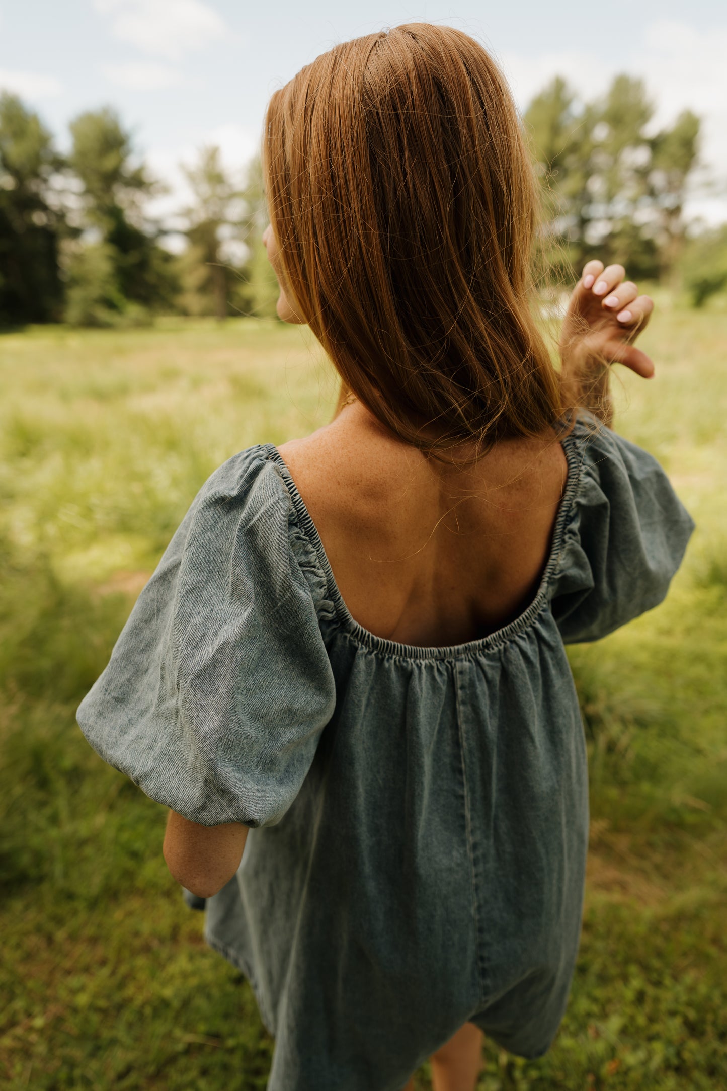 'Tilly' Puff Sleeve Romper in Denim