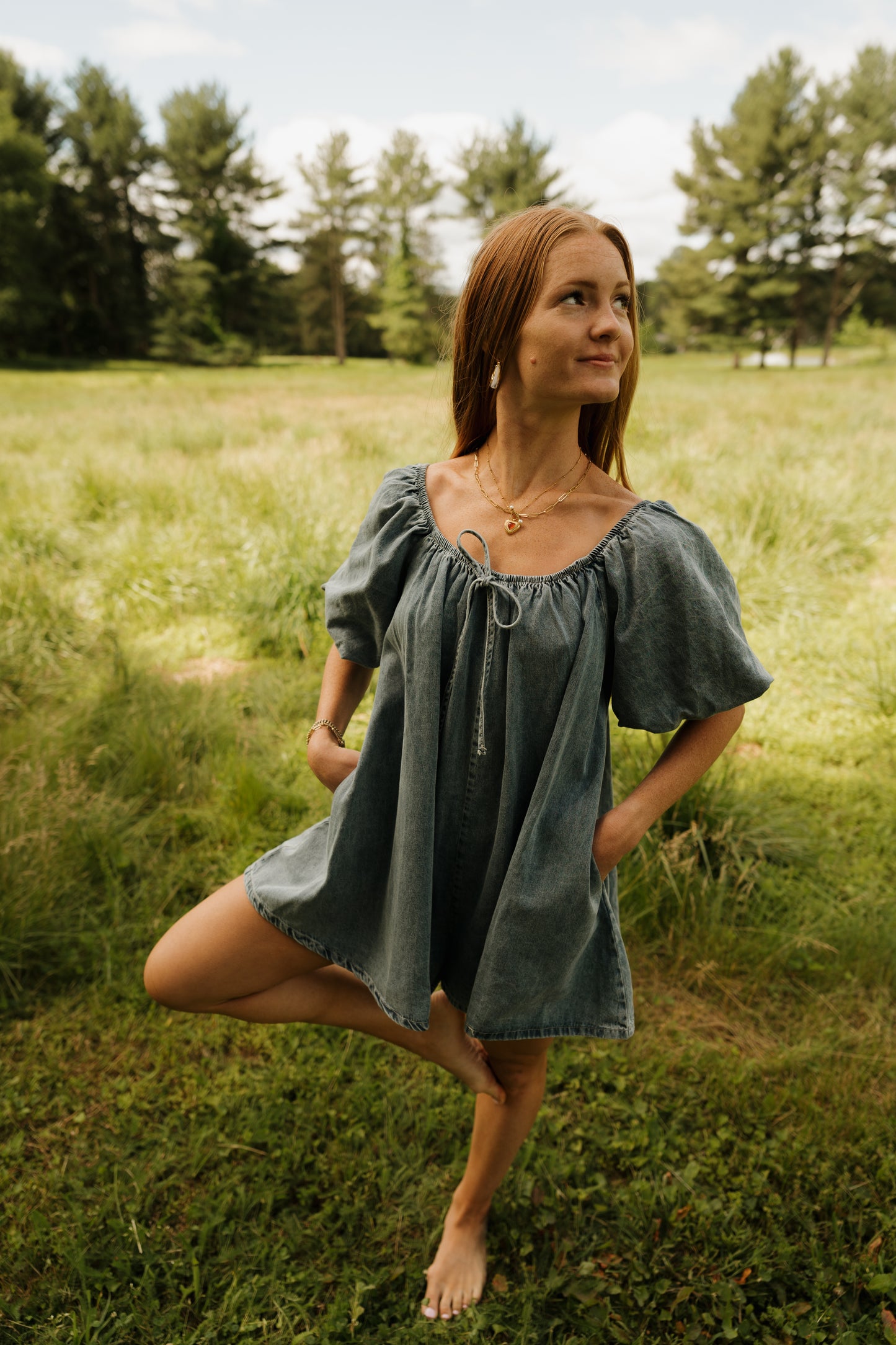 'Tilly' Puff Sleeve Romper in Denim