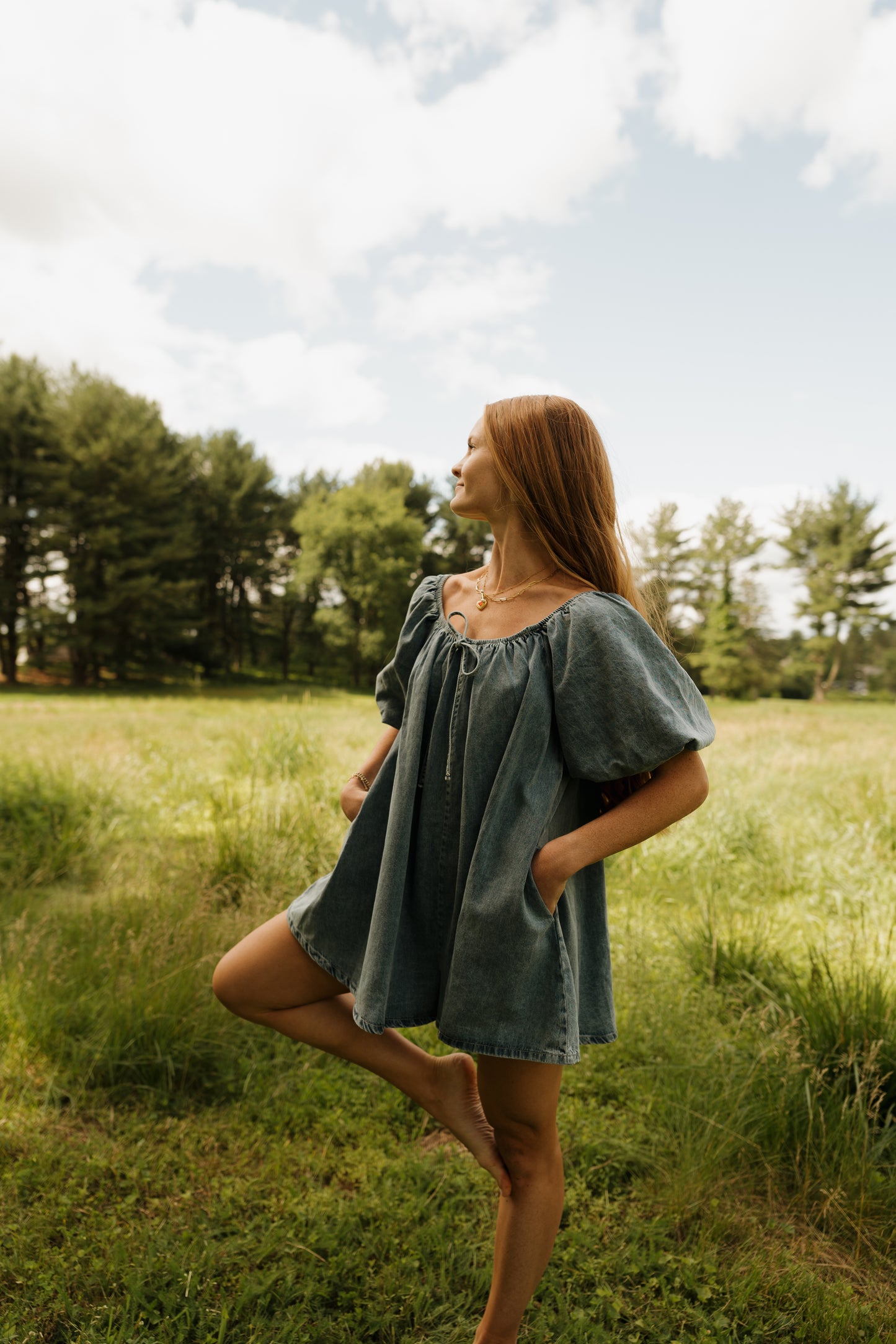 'Tilly' Puff Sleeve Romper in Denim
