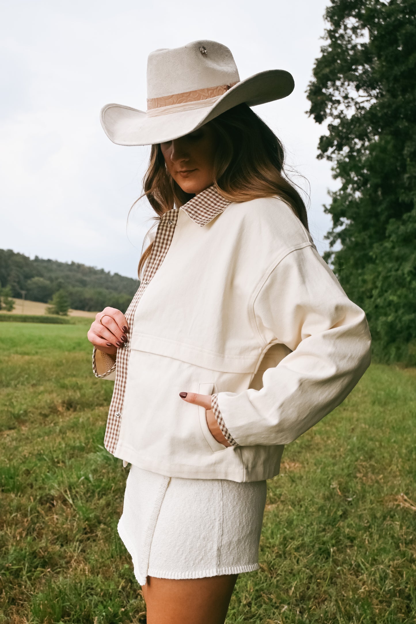 'Russet' Gingham Barn Jacket in Cream