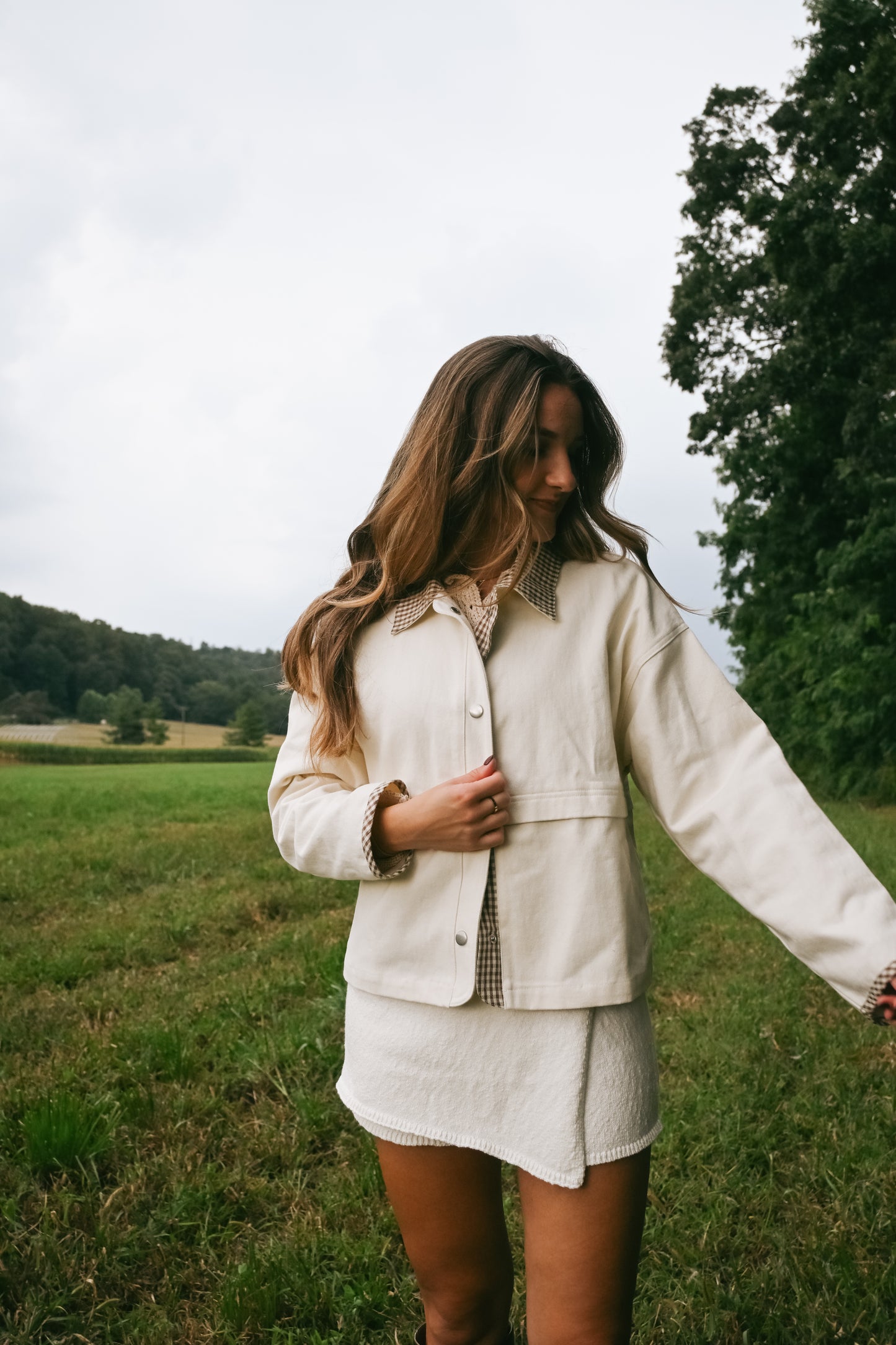 'Russet' Gingham Barn Jacket in Cream