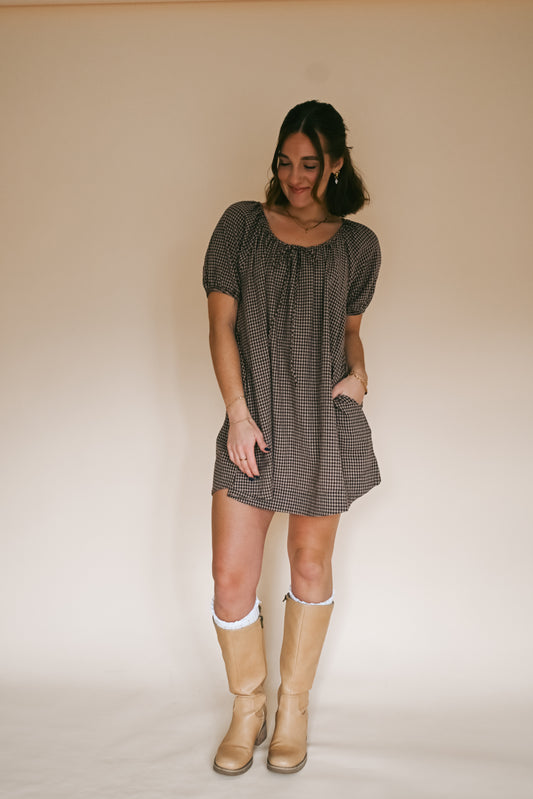 'Dixie' Gingham Dress in Mocha