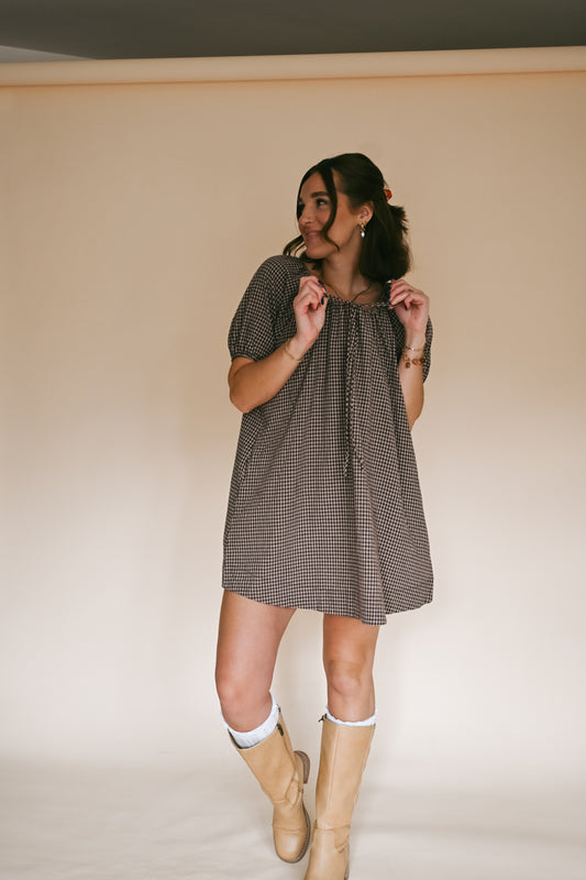 'Dixie' Gingham Dress in Mocha