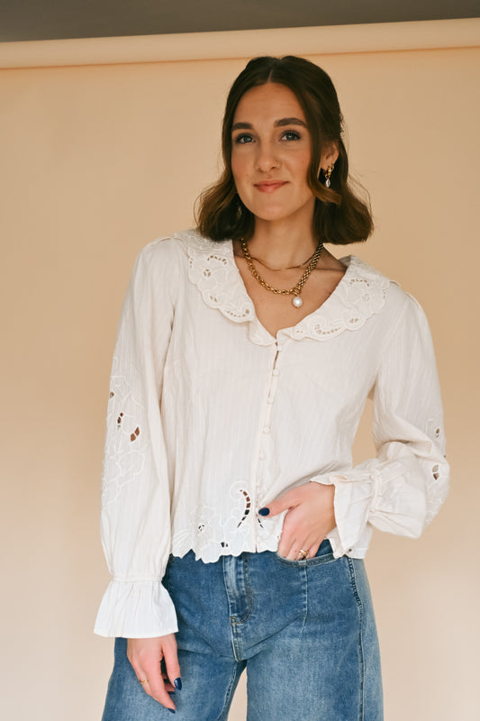 'Laura' Embroidered Top in Cream