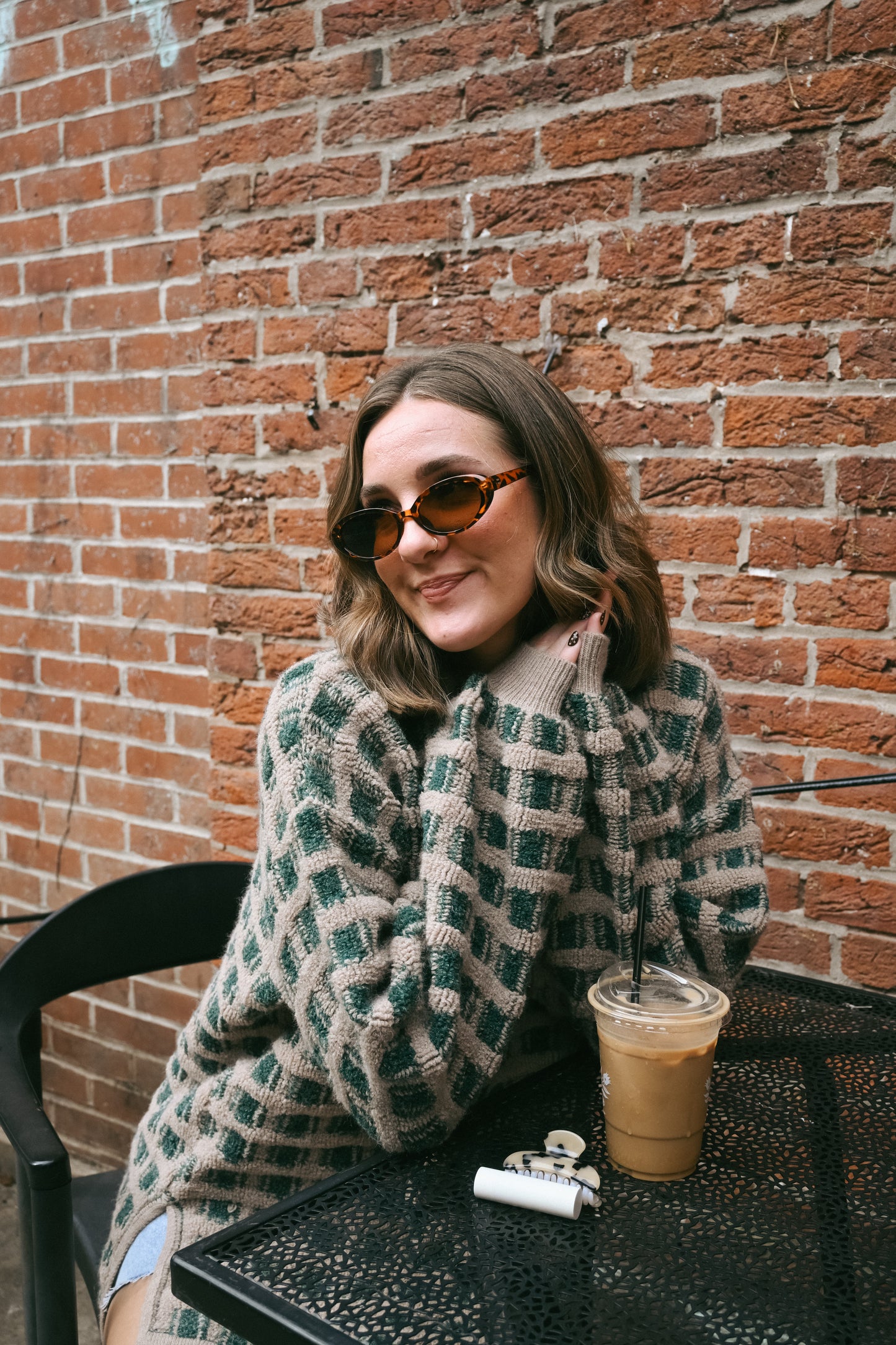'Belle' Checkered Sweater in Olive