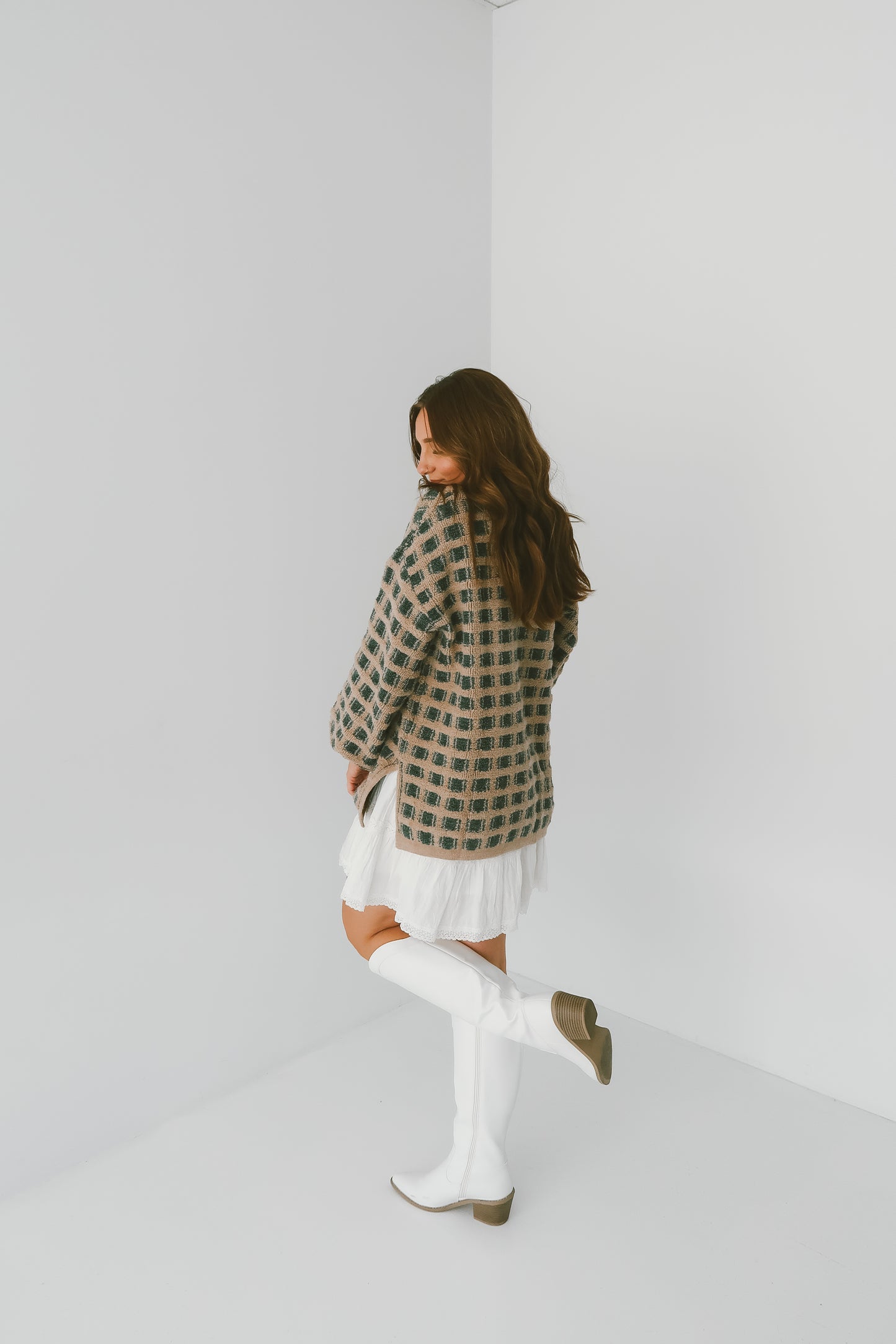'Belle' Checkered Sweater in Olive