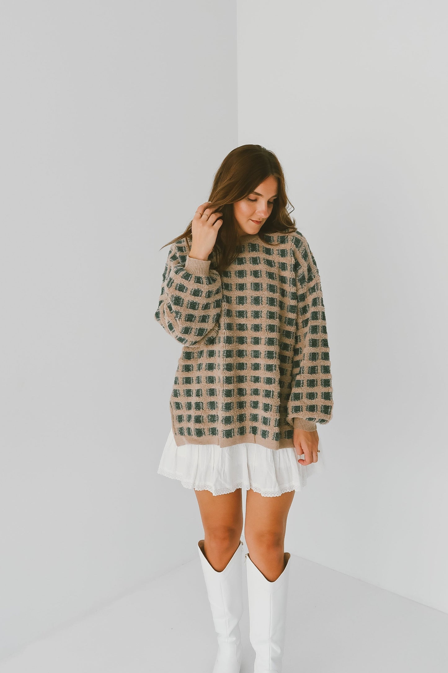 'Belle' Checkered Sweater in Olive