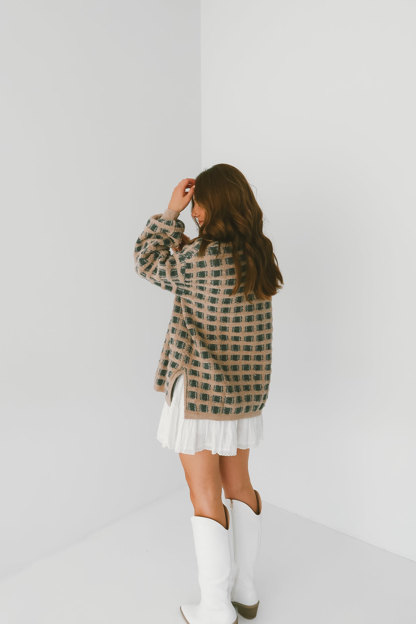 'Belle' Checkered Sweater in Olive