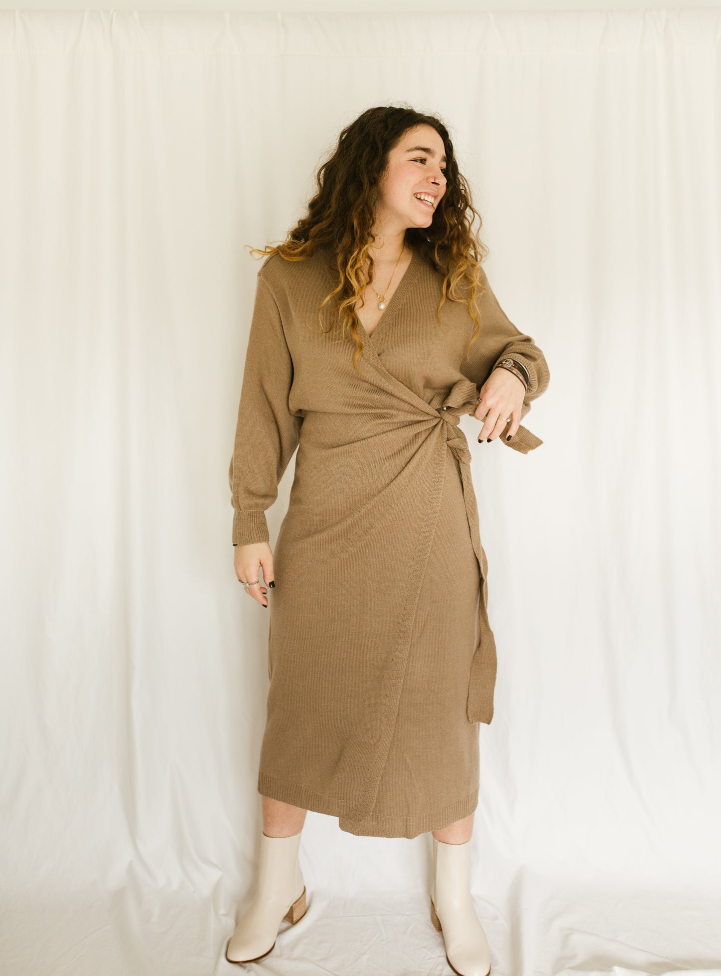 'Ruby' Sweater Wrap Dress in Mocha