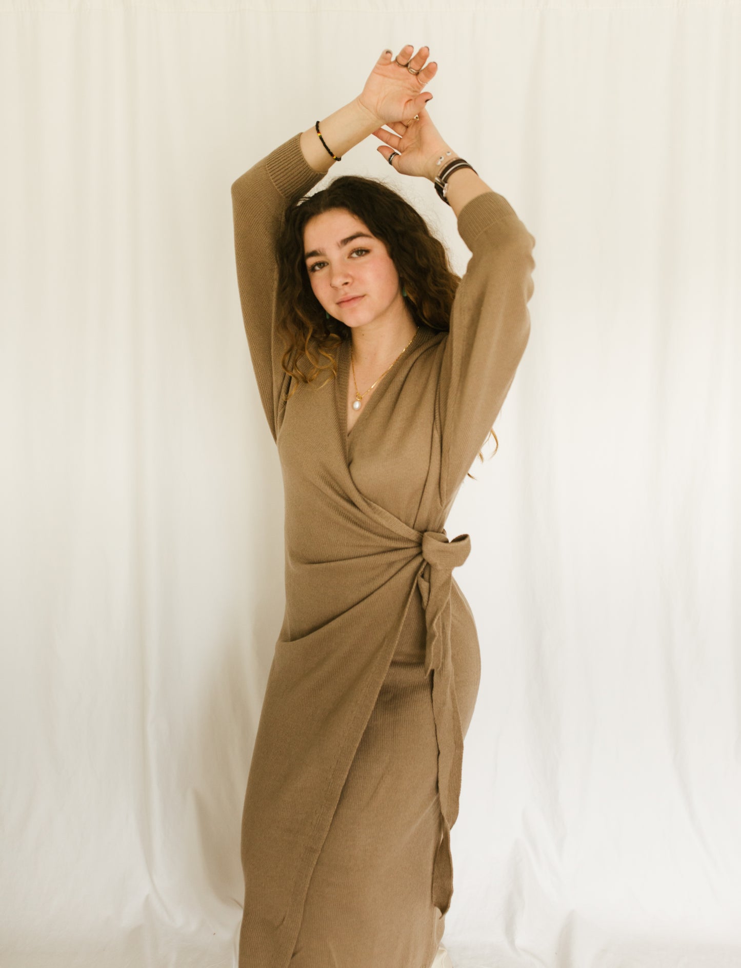 'Ruby' Sweater Wrap Dress in Mocha