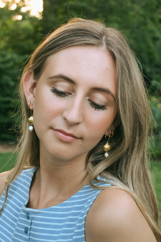18K Gold Seashell Pearl Drop Earrings