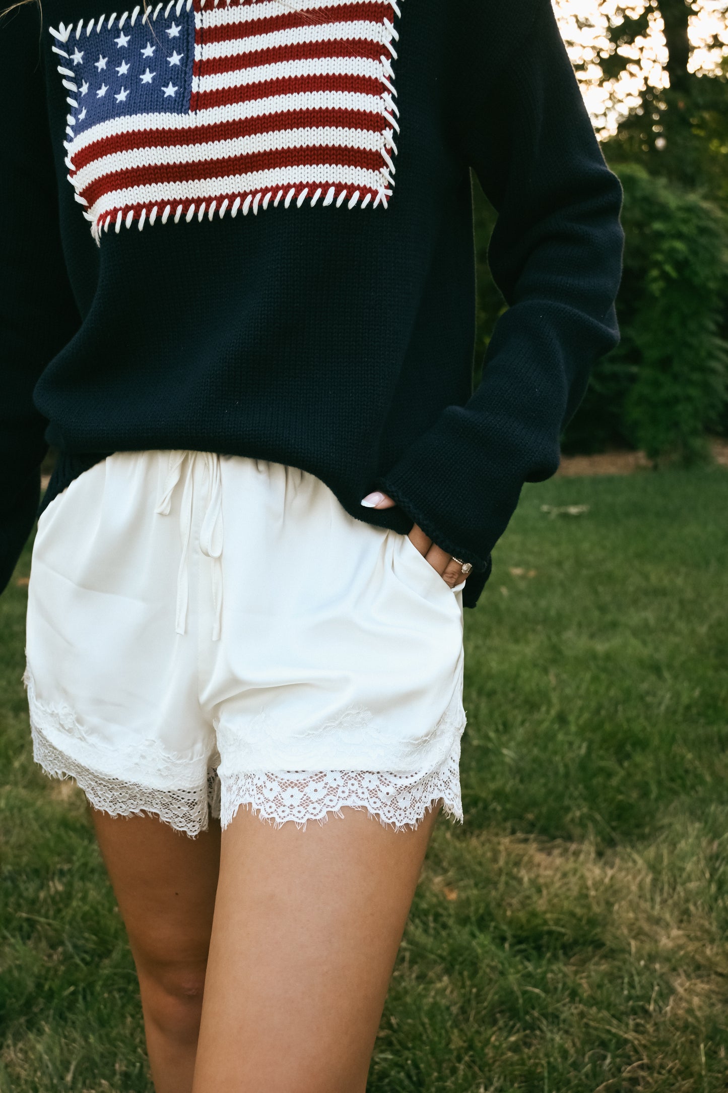 'Serena' Lace Satin Shorts in Off White