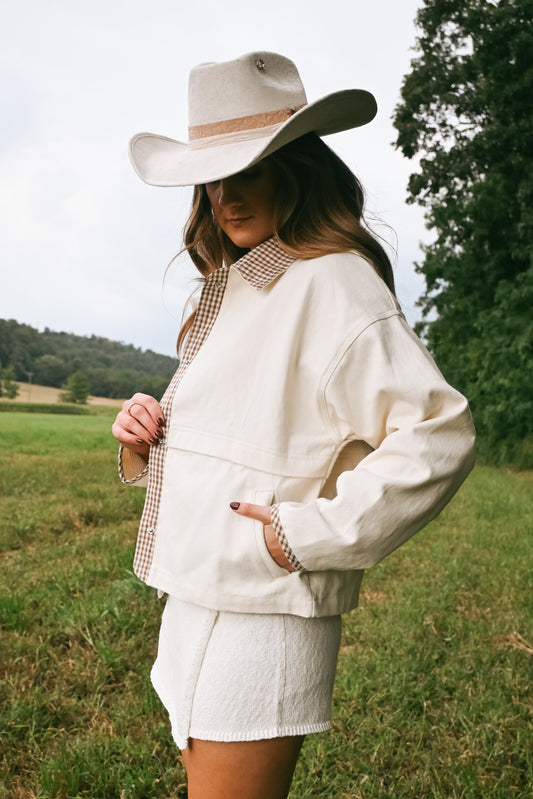 'Russet' Gingham Barn Jacket in Cream