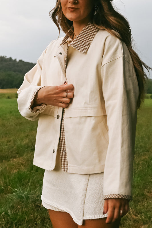'Russet' Gingham Barn Jacket in Cream