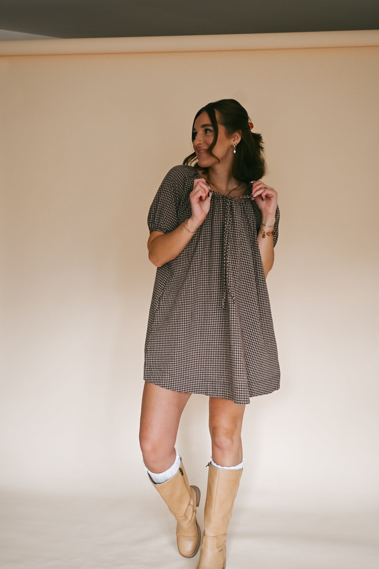 'Dixie' Gingham Dress in Mocha