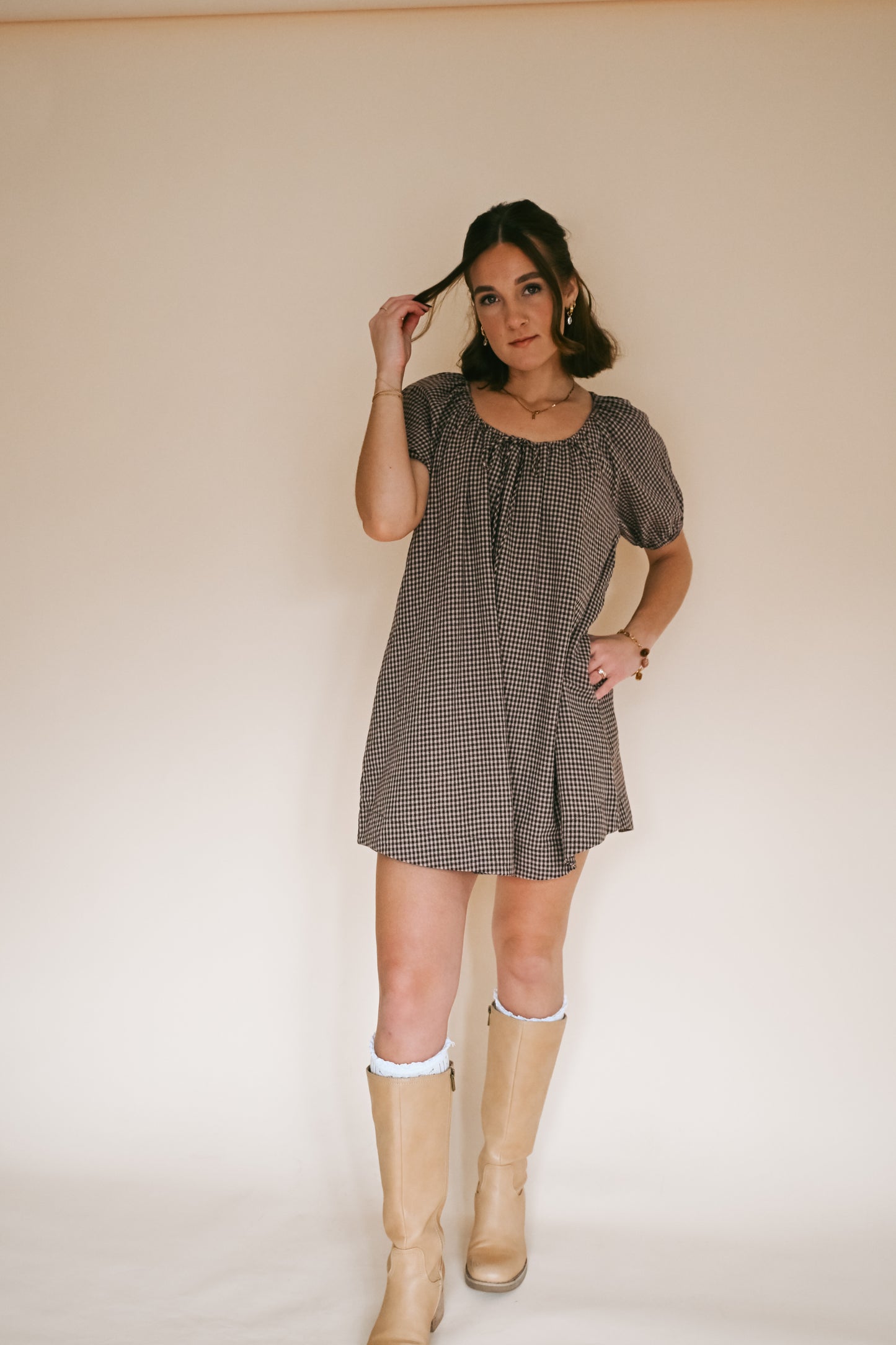 'Dixie' Gingham Dress in Mocha