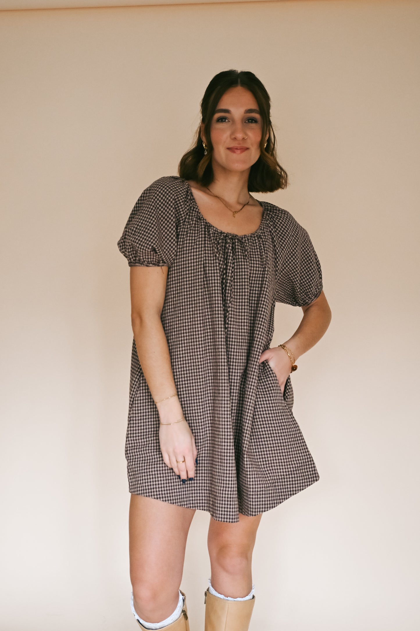 'Dixie' Gingham Dress in Mocha