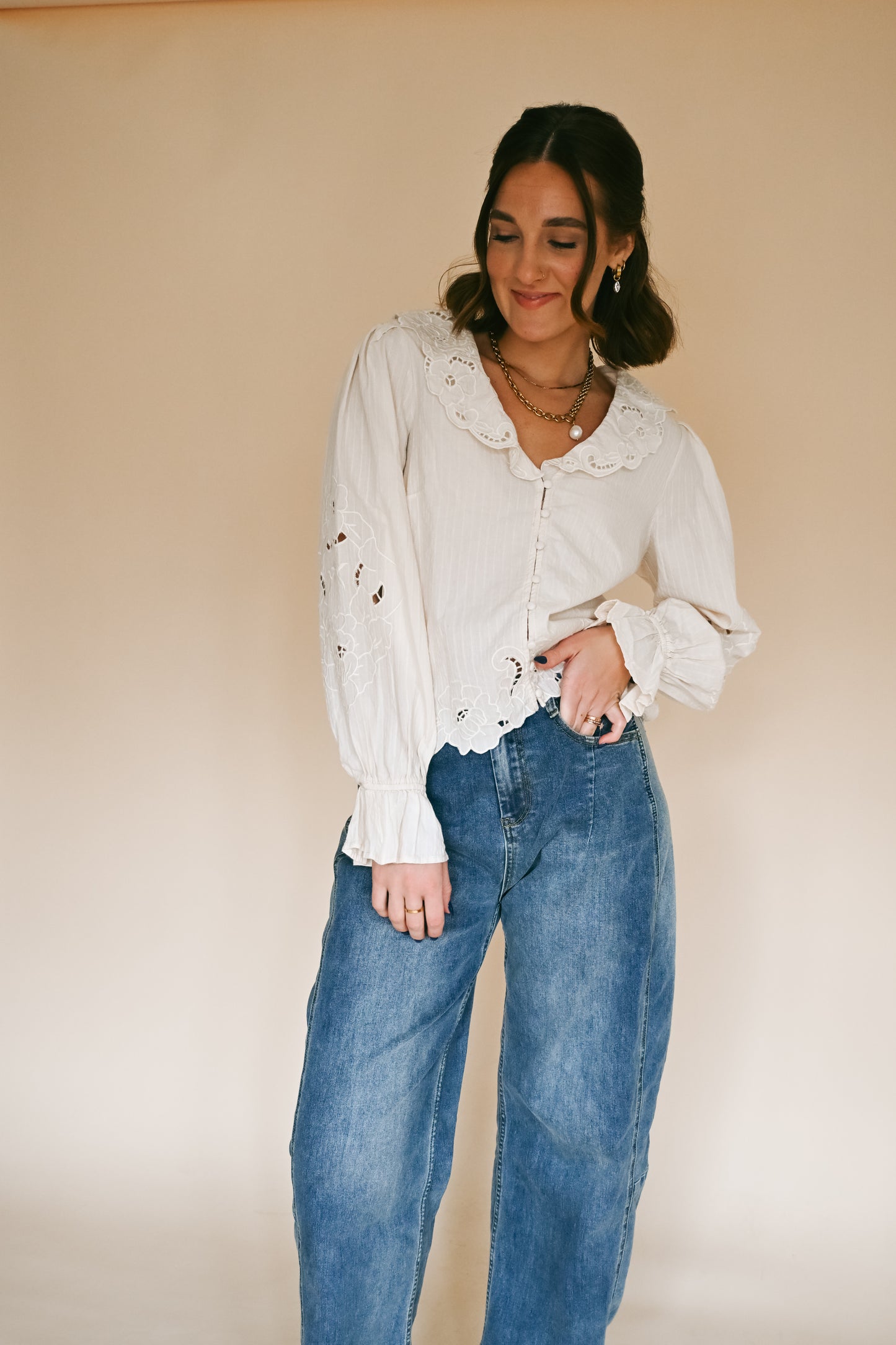 'Laura' Embroidered Top in Cream