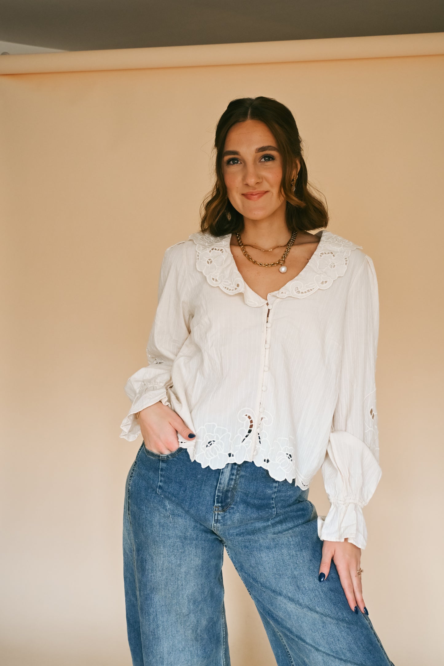 'Laura' Embroidered Top in Cream