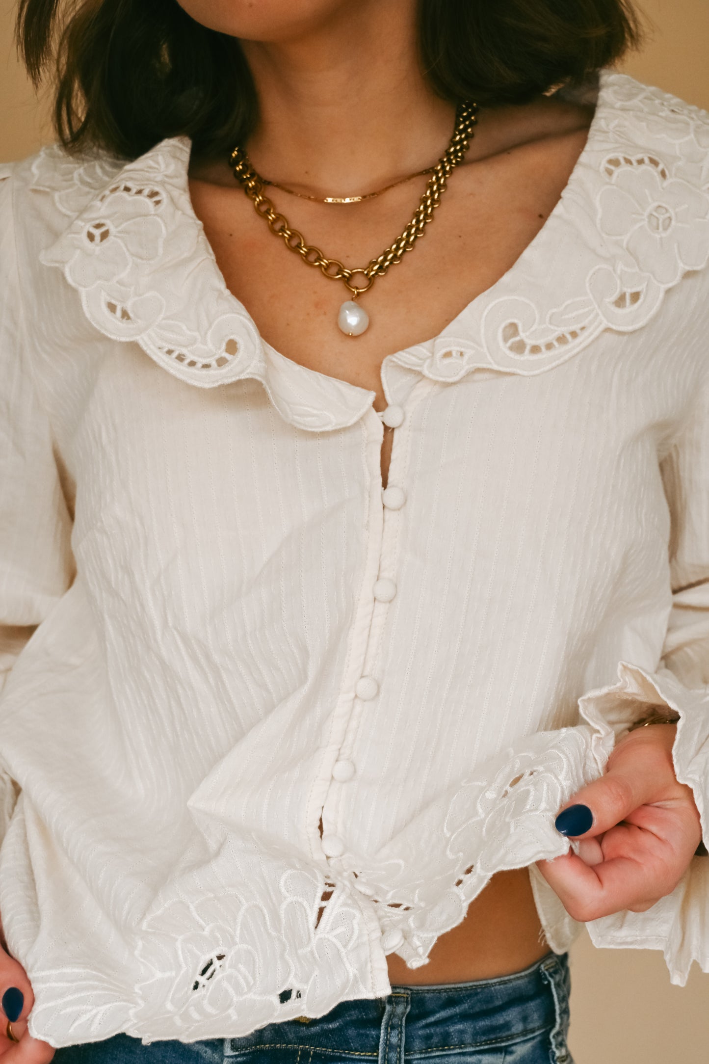 'Laura' Embroidered Top in Cream