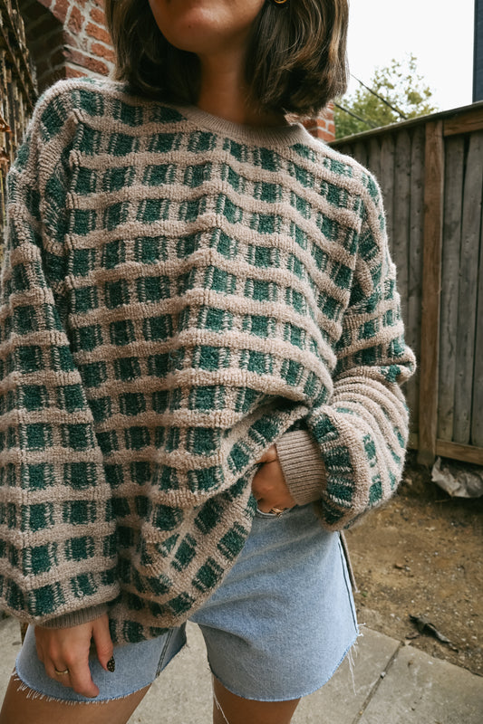 'Belle' Checkered Sweater in Olive