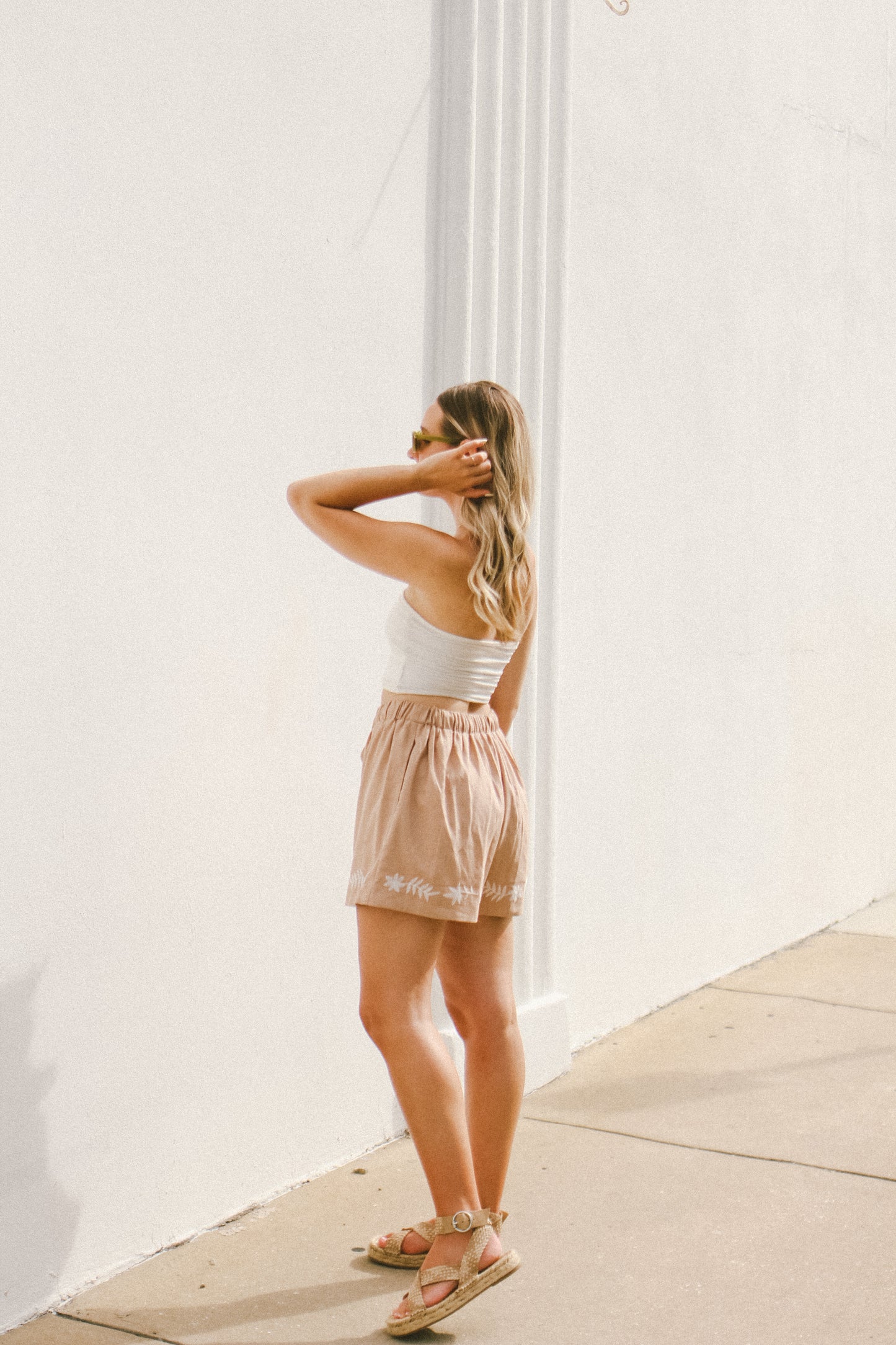 'Lena' Embroidered Shorts in Taupe